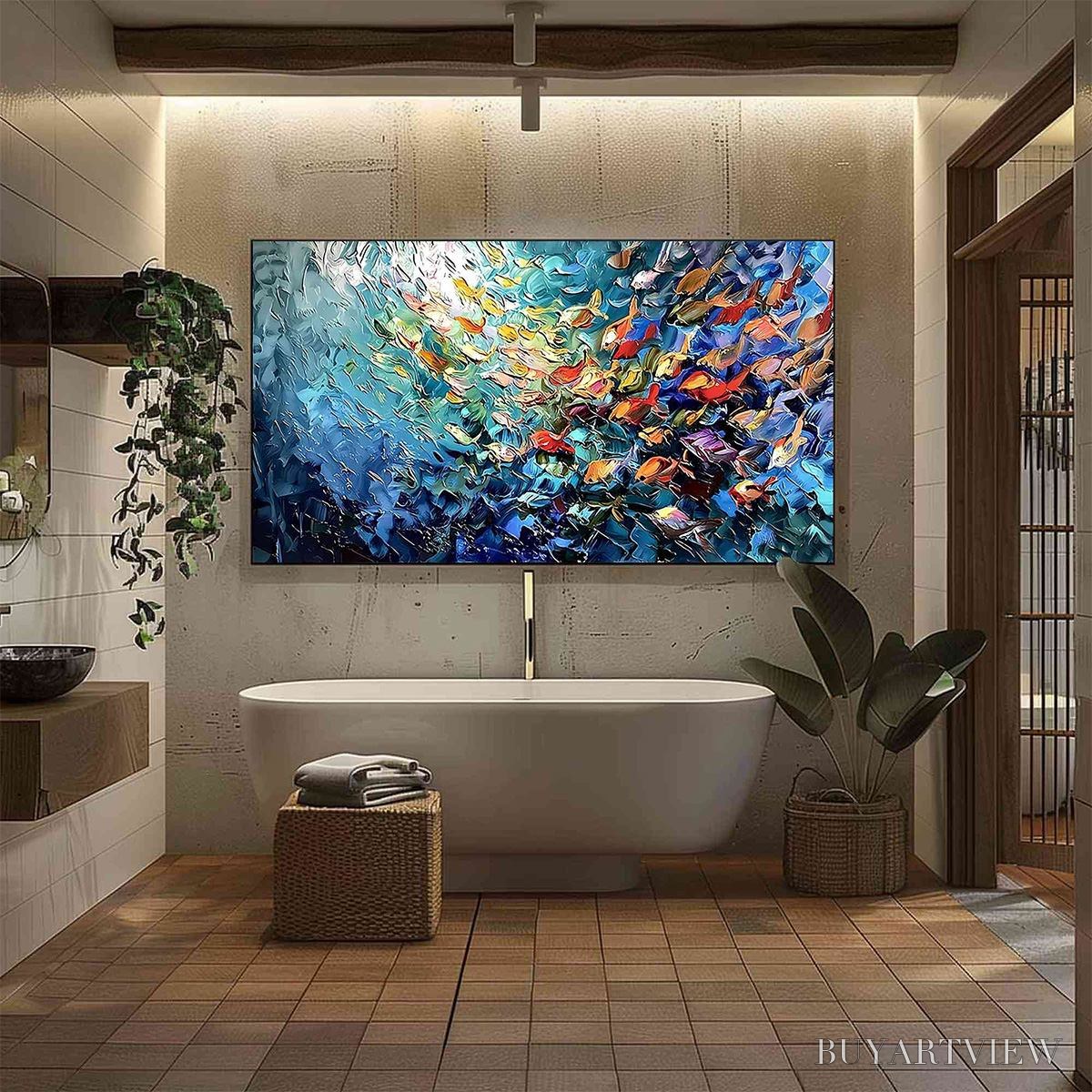 BUYARTVIEW River of Life – Colorful Abstract Fish School Impasto Oil Painting - image 6