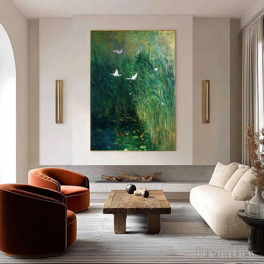 BUYARTVIEW Emerald Flight – Vibrant Nature Painting of Birds Over a Serene Pond - image 2