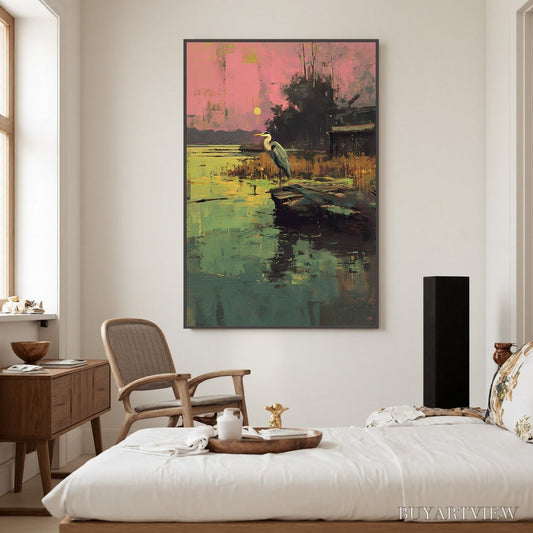 BUYARTVIEW Heron'S Repose – Expressive Vertical Wildlife Painting of a Heron at Sunset - image 2