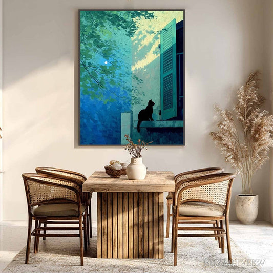 BUYARTVIEW Twilight Perch – Minimalist Night Window Cat Oil Painting - image 2