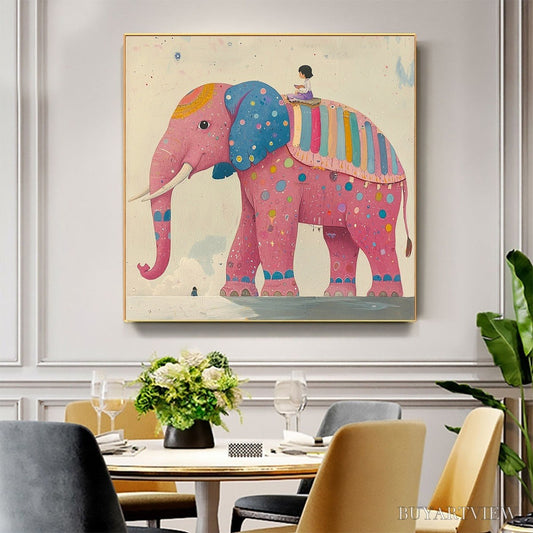 BUYARTVIEW Elephant Dreams – Whimsical Pink Elephant and Child Oil Painting - image 2