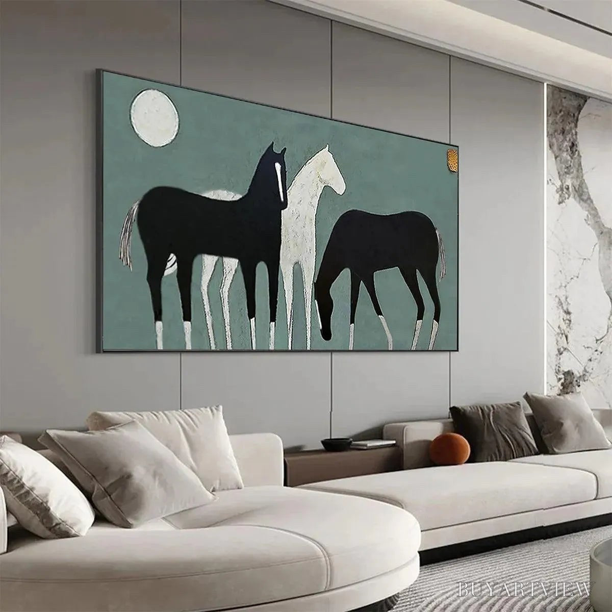 BUYARTVIEW Three Horses Under the Moon – Minimalist Horse Painting, Panoramic - image 6