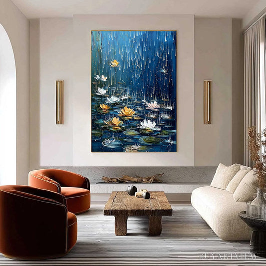 BUYARTVIEW Celestial Rain – Textured Impasto Painting of Water Lilies in Rain - image 2