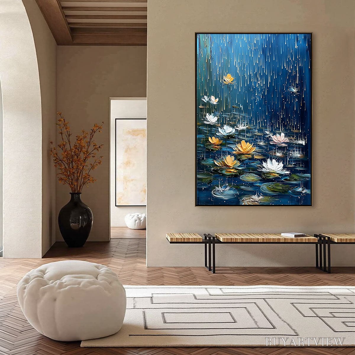 BUYARTVIEW Celestial Rain – Textured Impasto Painting of Water Lilies in Rain - image 6
