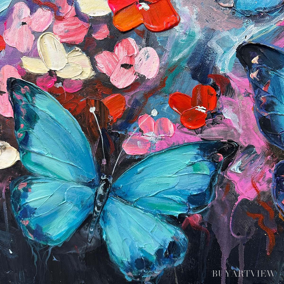 BUYARTVIEW Butterfly Waltz – Colorful Butterfly and Floral Impasto Oil Painting - image 6