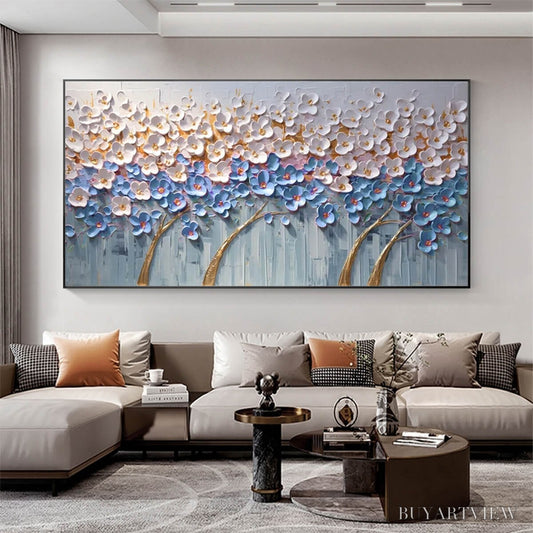 BUYARTVIEW Azure Dream – Textured Floral Landscape Oil Painting in Blue, White, and Gold - image 2