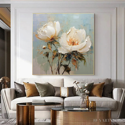 BUYARTVIEW White Peony Duet – Square Impasto Peony Painting in Soft White - image 2