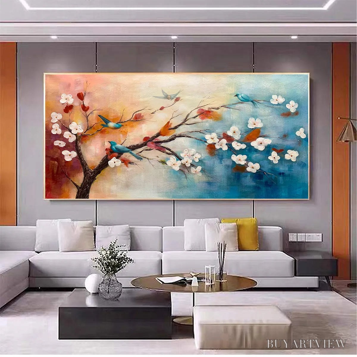 BUYARTVIEW Spring Melody – Panoramic Blossom Tree Painting with Colorful Birds - image 6