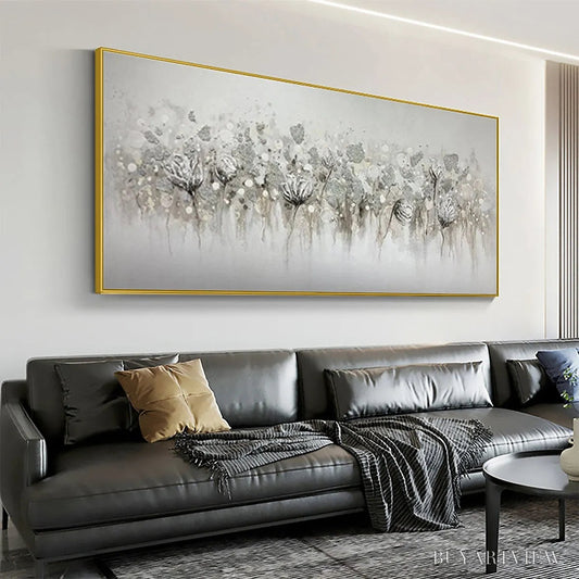 BUYARTVIEW Silver Mist – Minimalist Floral Oil Painting in Silver and Grey - image 2