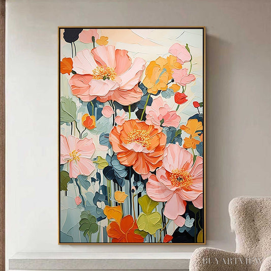 BUYARTVIEW Spring Bouquet – Vertical Textured Floral Painting, Impasto Pink and Orange Flowers, Living Room, Bedroom,… - image 2