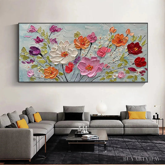 BUYARTVIEW Spring Bouquet – Panoramic Impasto Painting of Colorful Flowers, Textured Floral - image 2