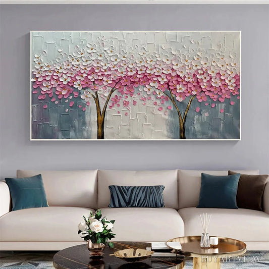 BUYARTVIEW Spring Blossom – Panoramic Cherry Blossom Painting in Pink and White, Textured Impasto, Modern - image 2