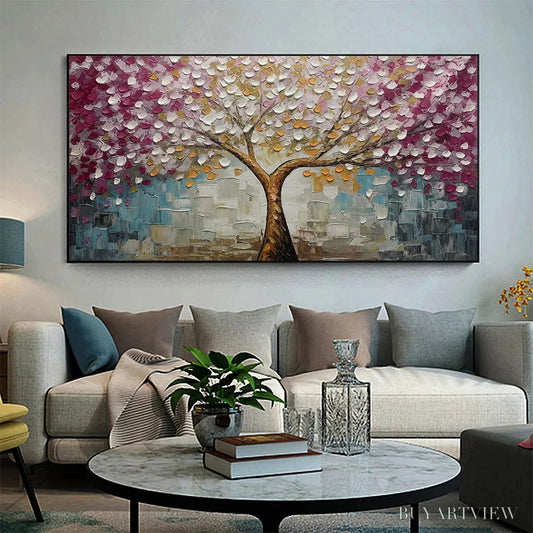 BUYARTVIEW Cherry Blossom Dream – Panoramic Textured Impasto Painting of a Cherry Blossom Tree, Modern , Pink and Gold - image 2