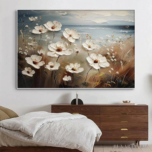 BUYARTVIEW Seaside Blossoms – Textured Floral Painting, Impasto , Horizontal Canvas, Coastal Decor - image 2