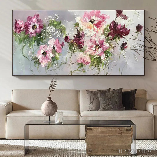 BUYARTVIEW Wild Rose Whispers – Floral Painting, Panoramic , Romantic Decor, Pink and Burgundy Flowers - image 2