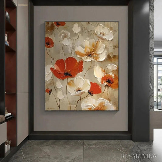 BUYARTVIEW Crimson Fields – Textured Poppy Painting, Red and White Floral , Square Canvas, Romantic Decor - image 2