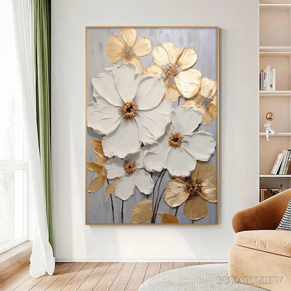 BUYARTVIEW Golden Whispers – Textured Floral Painting, Gold and White , Vertical Canvas, Impasto Decor - image 6