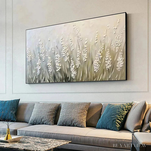BUYARTVIEW Whispering Fields – Textured White Floral Painting, 3D Flower , Panoramic Canvas, Serene Decor - image 2