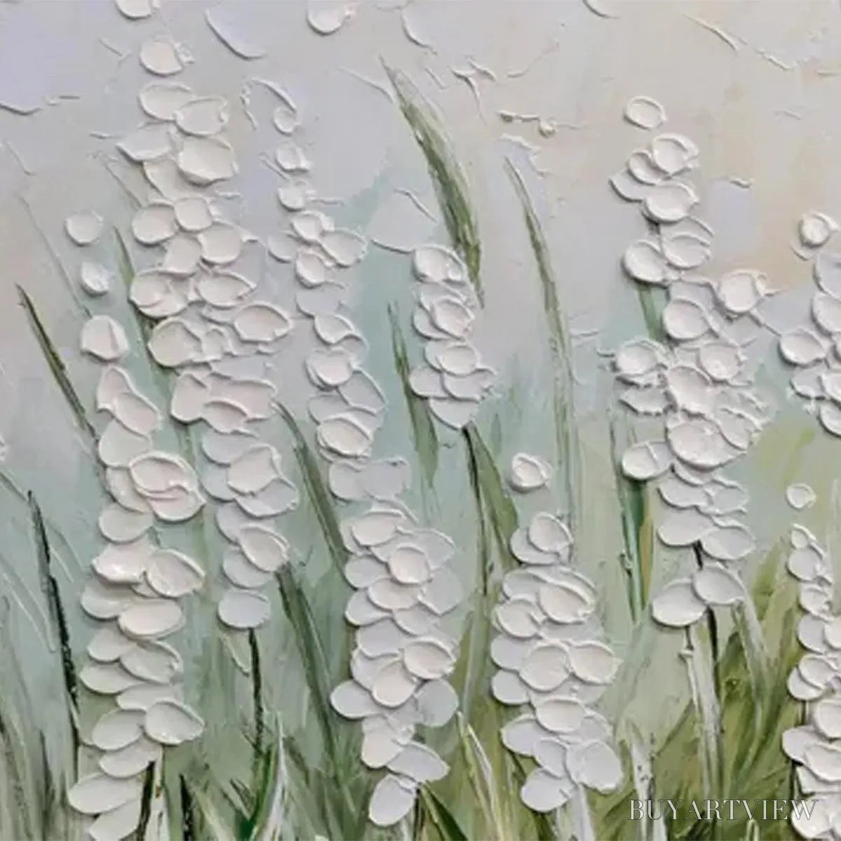 BUYARTVIEW Textured Meadow – Textured Floral Landscape Painting in Green and White - image 6