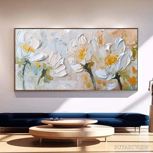 BUYARTVIEW White Blossoms – Textured Impasto Floral Painting in White and Beige - image 2