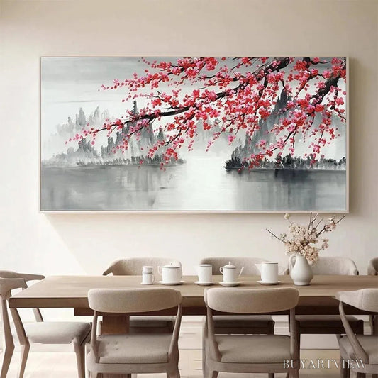 BUYARTVIEW Cherry Blossom Serenity – Horizontal Cherry Blossom Landscape Painting - image 2