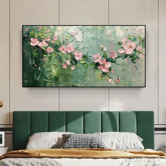 BUYARTVIEW Spring Blossom – Textured Pink Floral Painting on Green Background - image 2