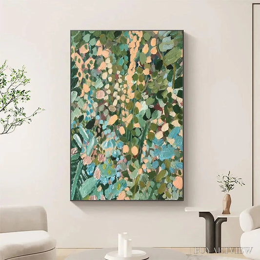BUYARTVIEW Enchanted Garden – Vertical Abstract Floral Painting in Green, Blue, and Peach - image 2