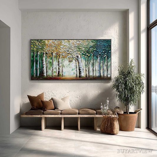 BUYARTVIEW Chroma Grove – Panoramic Textured Impasto Birch Tree Forest Painting - image 2