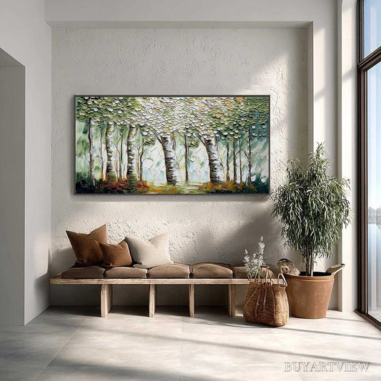 BUYARTVIEW Verdant Sanctuary – Textured Impasto Birch Tree Forest - image 2