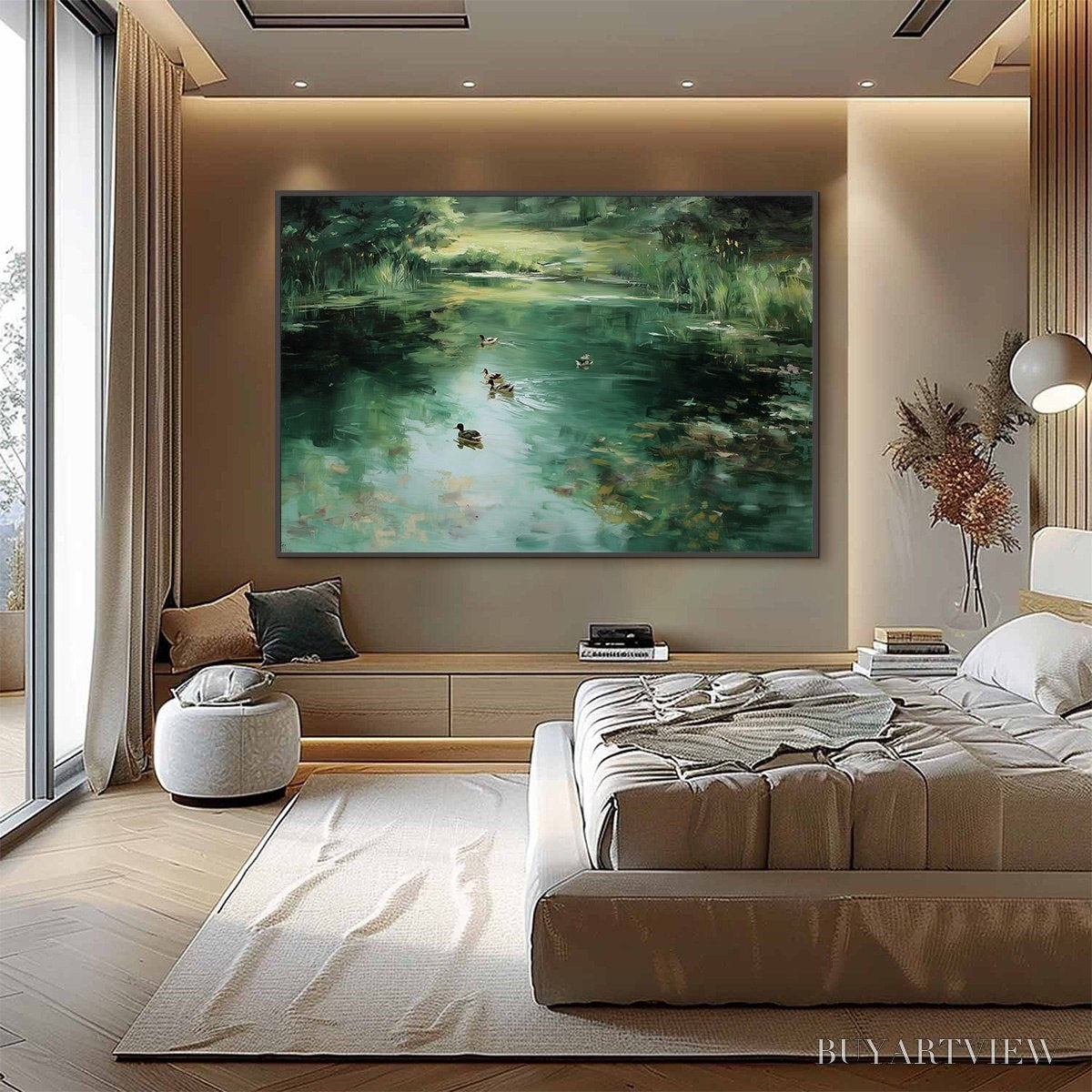 BUYARTVIEW Verdant Drift – Impressionistic Green Pond with Ducks Oil Painting - image 6