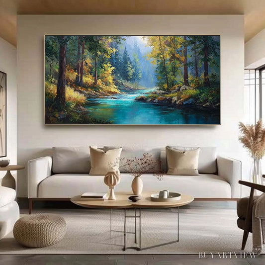 BUYARTVIEW Sunbeam Creek – Vivid Forest River Landscape Oil Painting - image 2