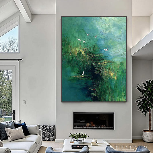 BUYARTVIEW Verdant Sanctuary – Abstract Green Forest Landscape with Flying Birds - image 2