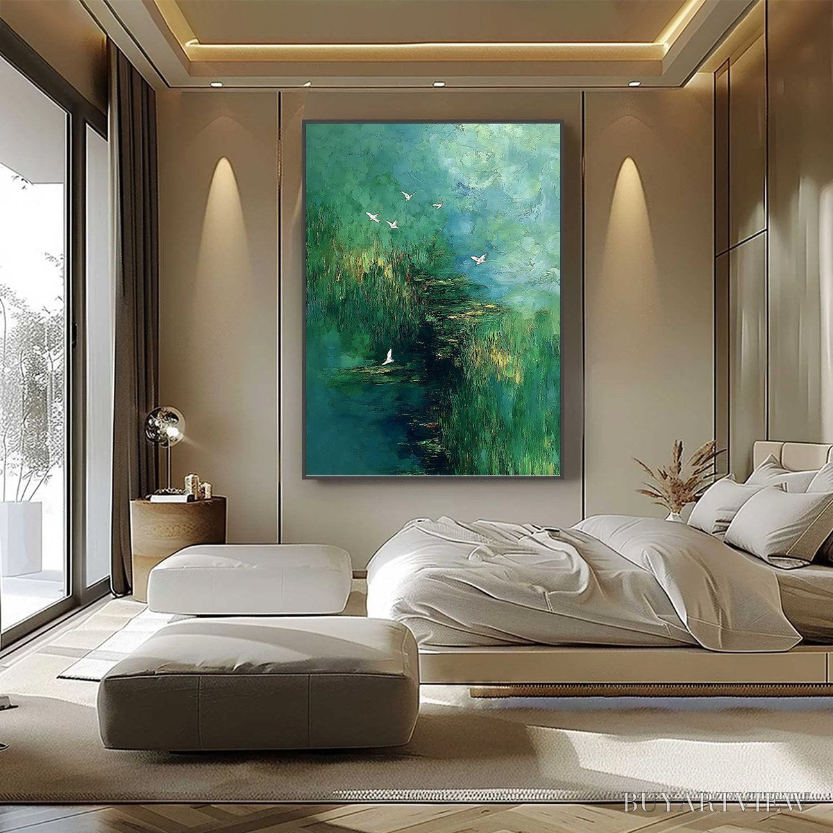BUYARTVIEW Verdant Sanctuary – Abstract Green Forest Landscape with Flying Birds - image 6