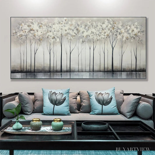BUYARTVIEW Silver Birch Mist – Forest Landscape Painting in Grey and White - image 2