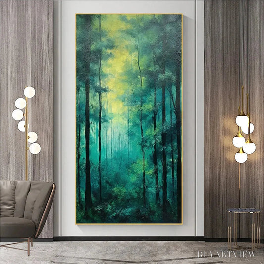 BUYARTVIEW Emerald Forest Path – Vertical Forest Painting, Green Woodland Scene, Nature , Living Room - image 2
