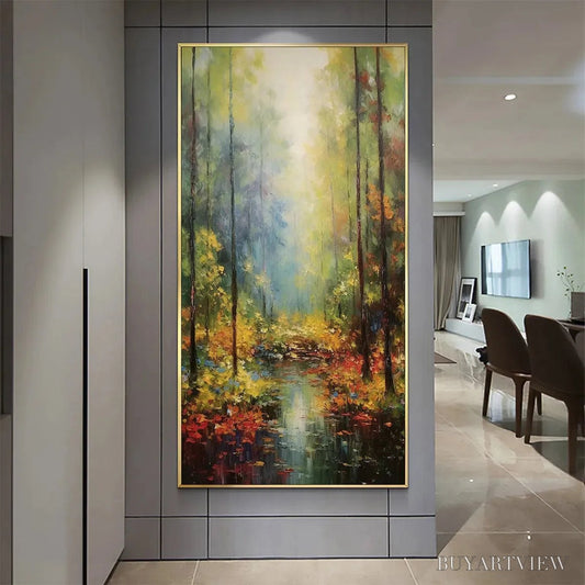BUYARTVIEW Autumn Woodland Stream – Vertical Landscape Oil Painting, Forest Scene with Stream, Fall Colors, Nature - image 2