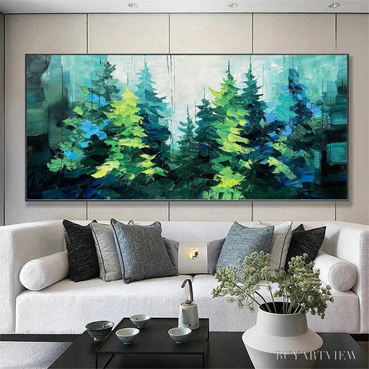 BUYARTVIEW Emerald Forest – Panoramic Landscape Painting of an Evergreen Forest, Textured Impasto, Modern , Green - image 2