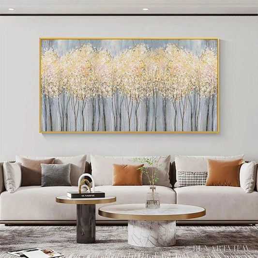 BUYARTVIEW Golden Haze – Panoramic Landscape Painting, Textured Trees - image 2