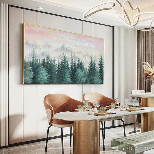 BUYARTVIEW Misty Pines – Panoramic Forest Landscape Painting, Misty Trees, Green - image 2