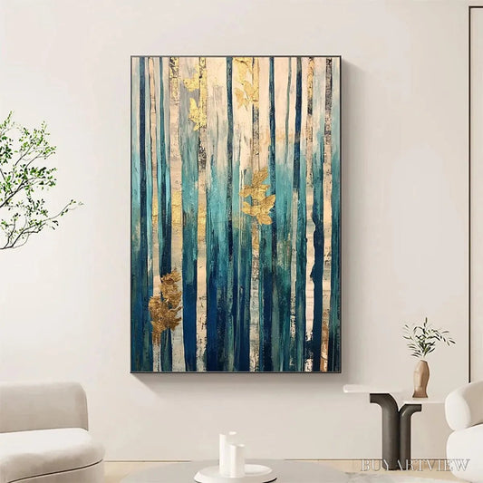 BUYARTVIEW Azure Forest – Vertical Abstract Forest Oil Painting with Gold Leaf - image 2