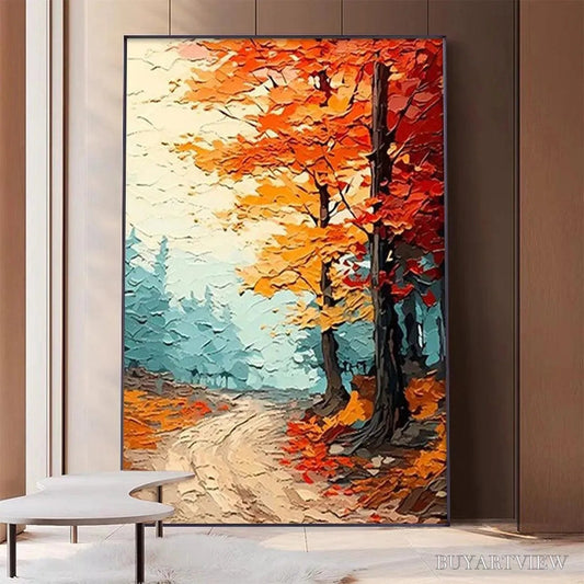 BUYARTVIEW Autumn Path – Textured Forest Path Painting, Orange and Blue , Vertical Canvas, Impasto Decor - image 2