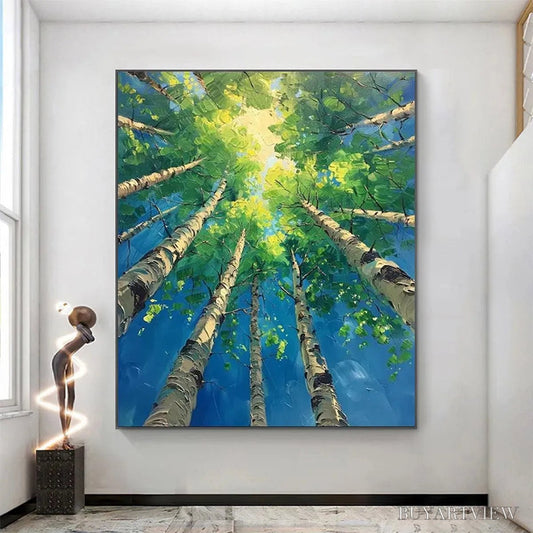 BUYARTVIEW Forest Sunrise – Textured Birch Tree Painting, Impasto , Vertical Canvas, Nature Decor - image 2