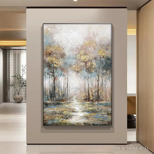 BUYARTVIEW Golden Forest Path – Textured Forest Landscape Painting, Vertical - image 2