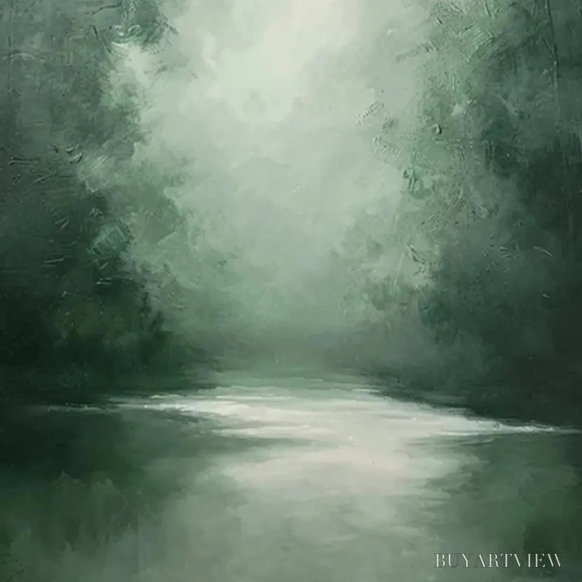 BUYARTVIEW Misty Green Forest – Atmospheric Forest Landscape Painting, Vertical - image 6