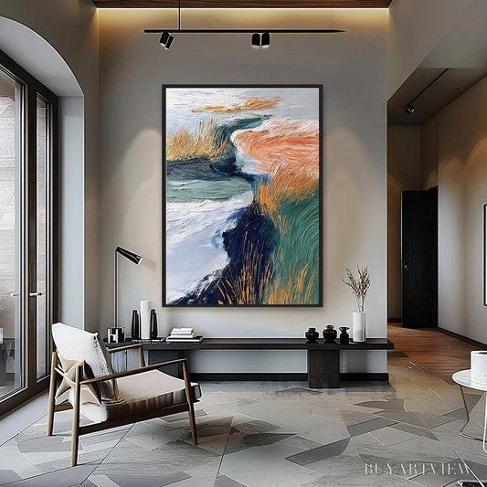 BUYARTVIEW Golden Estuary – Textured Abstract River Landscape Painting - image 2