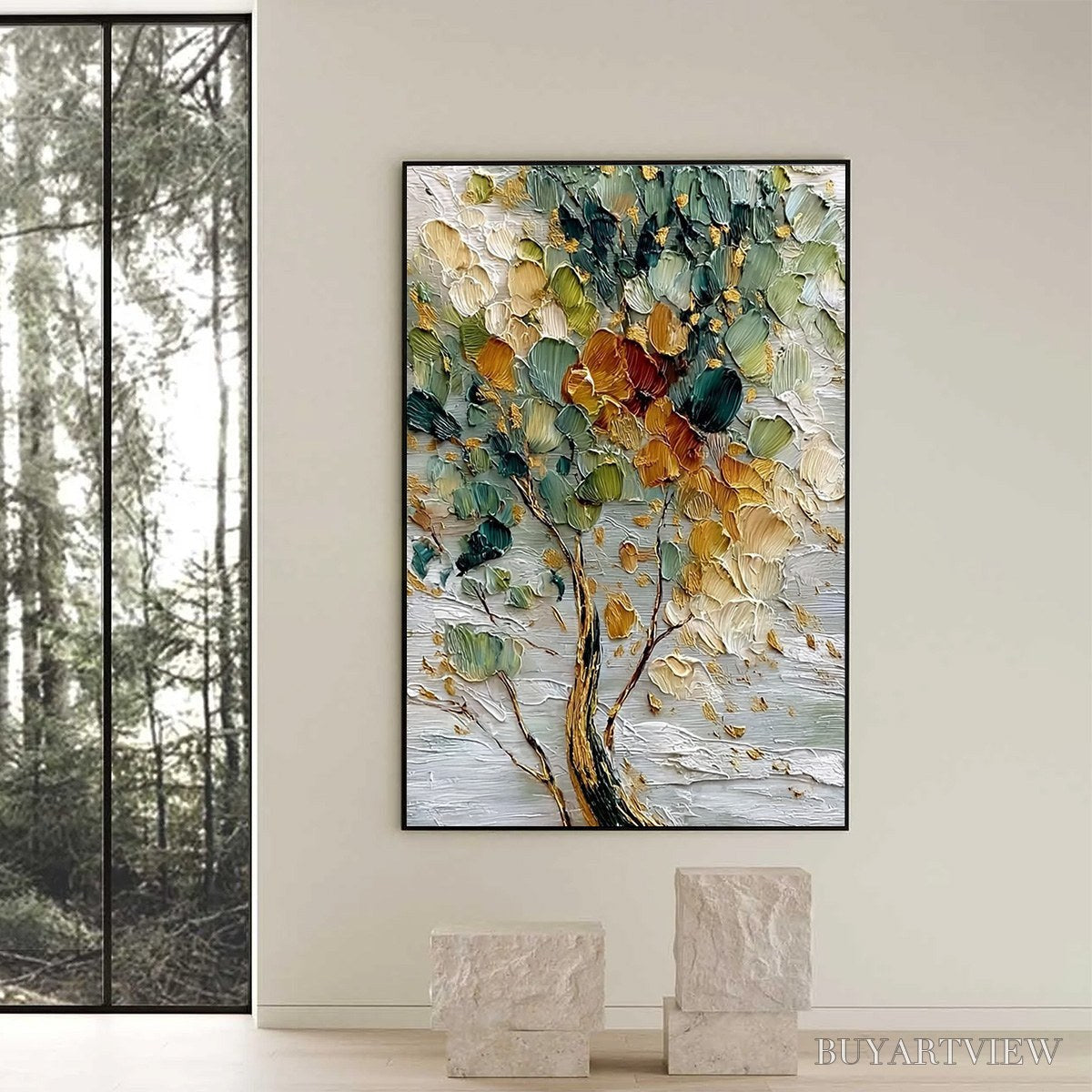 BUYARTVIEW Emerald Jewel Tree – Textured Palette Knife Tree Painting with Golden Accents - image 6