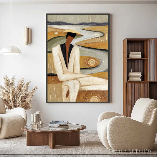 BUYARTVIEW Earthen Contemplation – Textured Figurative Art of a Man in a Serene Landscape - image 2