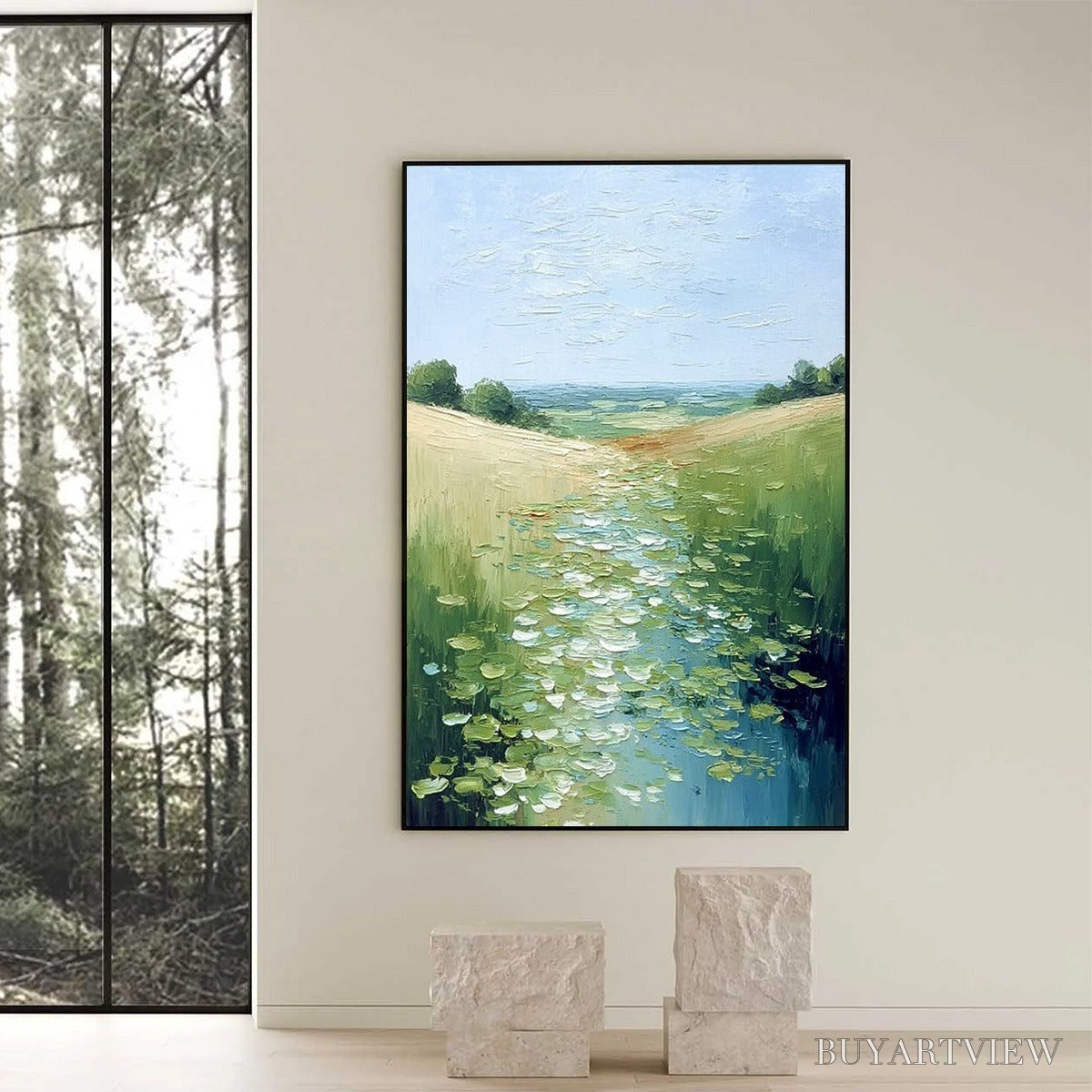 BUYARTVIEW Verdant Path – Textured Impasto Landscape Painting of a Lilypad Stream - image 6