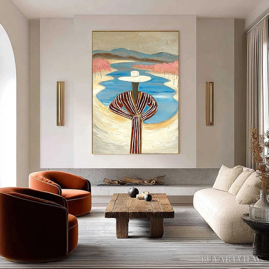 BUYARTVIEW River Blush – Textured Figurative Landscape Painting of Woman by Water - image 2