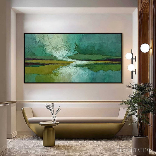 BUYARTVIEW Verdant Horizon – Textured Abstract Landscape Painting in Green and Gold - image 2